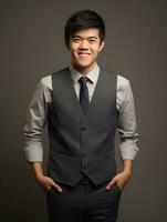 Smiling young man of Asian descent dressed in suit on gray background AI Generative photo