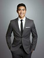 Smiling young man of Asian descent dressed in suit on gray background AI Generative photo