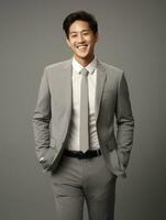 Smiling young man of Asian descent dressed in suit on gray background AI Generative photo