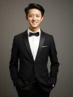 Smiling young man of Asian descent dressed in suit on gray background AI Generative photo