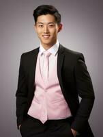 Smiling young man of Asian descent dressed in suit on gray background AI Generative photo