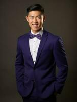 Smiling young man of Asian descent dressed in suit on gray background AI Generative photo