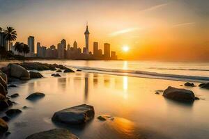 the sun sets over the city skyline in dubai. AI-Generated photo