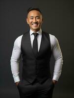 Smiling young man of Asian descent dressed in suit on gray background AI Generative photo