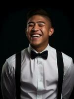 Smiling young man of Asian descent dressed in suit on gray background AI Generative photo