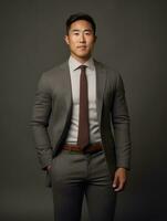 Smiling young man of Asian descent dressed in suit on gray background AI Generative photo