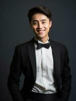 Smiling young man of Asian descent dressed in suit on gray background AI Generative photo