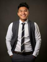 Smiling young man of Asian descent dressed in suit on gray background AI Generative photo