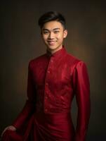 Smiling young man of Asian descent dressed in suit on gray background AI Generative photo