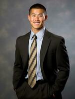 Smiling young man of Asian descent dressed in suit on gray background AI Generative photo