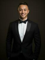 Smiling young man of Asian descent dressed in suit on gray background AI Generative photo