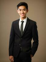 Smiling young man of Asian descent dressed in suit on gray background AI Generative photo