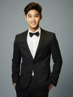 Smiling young man of Asian descent dressed in suit on gray background AI Generative photo