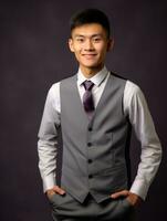 Smiling young man of Asian descent dressed in suit on gray background AI Generative photo