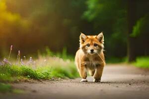 a fox is walking down a path in the woods. AI-Generated photo