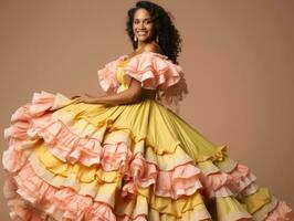 Smiling young woman of Mexican descent dressed in elegant dress on gray background AI Generative photo