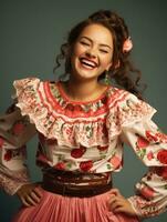 sonriente joven mujer de mexicano descendencia vestido en elegante vestir en gris antecedentes ai generativo foto