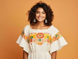 Smiling young woman of Mexican descent dressed in elegant dress on gray background AI Generative photo