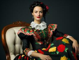 Smiling young woman of Mexican descent dressed in elegant dress on gray background AI Generative photo