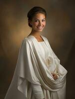 Smiling young woman of Mexican descent dressed in elegant dress on gray background AI Generative photo