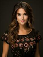 Smiling young woman of Mexican descent dressed in elegant dress on gray background AI Generative photo