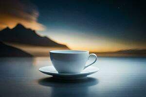 a cup of coffee on a table in front of a mountain. AI-Generated photo