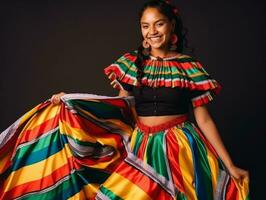 Smiling young woman of Mexican descent dressed in elegant dress on gray background AI Generative photo