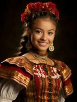 sonriente joven mujer de mexicano descendencia vestido en elegante vestir en gris antecedentes ai generativo foto