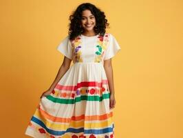 Smiling young woman of Mexican descent dressed in elegant dress on gray background AI Generative photo