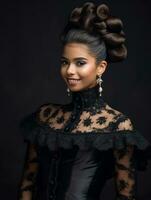 Smiling young woman of Mexican descent dressed in elegant dress on gray background AI Generative photo