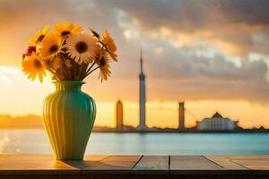 sunflowers in a vase on a table in front of the sunset. AI-Generated photo
