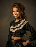 Smiling young woman of Mexican descent dressed in elegant dress on gray background AI Generative photo