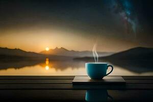 un taza de café en un de madera mesa con un lago en el antecedentes. generado por ai foto