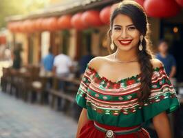 sonriente joven mujer de mexicano descendencia vestido en elegante vestir en gris antecedentes ai generativo foto