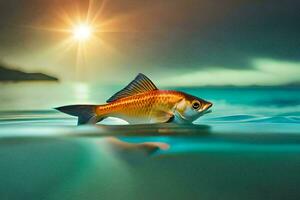 a fish swimming in the ocean with the sun in the background. AI-Generated photo