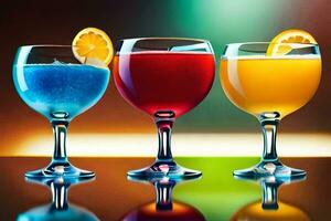 three glasses of different colored drinks on a table. AI-Generated photo