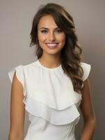 Smiling young woman of Mexican descent dressed in elegant dress on gray background AI Generative photo