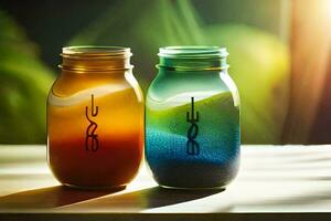 two mason jars with colored liquid sitting on a table. AI-Generated photo