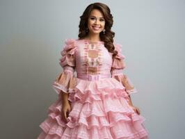 Smiling young woman of Mexican descent dressed in elegant dress on gray background AI Generative photo