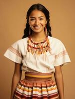 Smiling young woman of Mexican descent dressed in elegant dress on gray background AI Generative photo