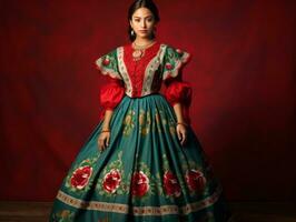 Smiling young woman of Mexican descent dressed in elegant dress on gray background AI Generative photo