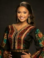 Smiling young woman of Mexican descent dressed in elegant dress on gray background AI Generative photo