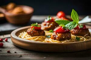 espaguetis con albóndigas y tomate salsa en un de madera lámina. generado por ai foto