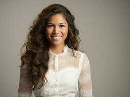 Smiling young woman of Mexican descent dressed in elegant dress on gray background AI Generative photo