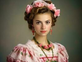 Smiling young woman of Mexican descent dressed in elegant dress on gray background AI Generative photo