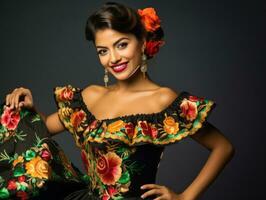 Smiling young woman of Mexican descent dressed in elegant dress on gray background AI Generative photo