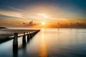 the sun rises over a pier on the beach. AI-Generated photo