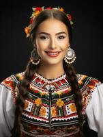 Smiling young woman of Mexican descent dressed in elegant dress on gray background AI Generative photo