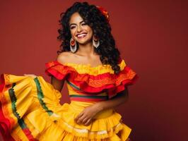 Smiling young woman of Mexican descent dressed in elegant dress on gray background AI Generative photo