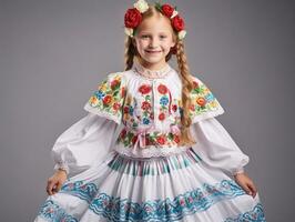 sonriente joven mujer de mexicano descendencia vestido en elegante vestir en gris antecedentes ai generativo foto